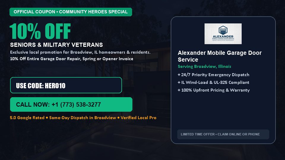 Alexander Mobile Garage Door Service 10% OFF Seniors & Military Veterans in Broadview, IL